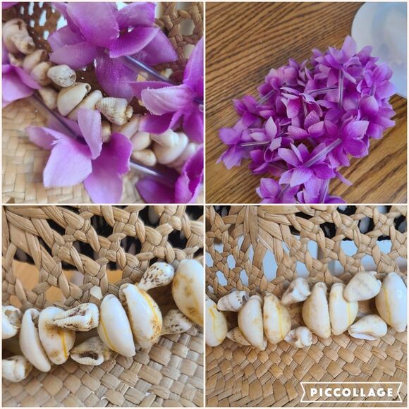 Vintage Raffia Straw Sun Hat Open Cane Weave Round Crown Wide Brim Shell Band - Picture 10 of 10